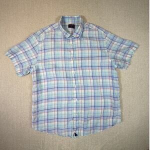 UNTUCKit Mens XL White Blue Plaid 100% Linen Short Sleeve Button Front Shirt Fit